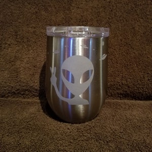 Alien and flying saucers on 12 ounce insulated stainless steel stemless tumbler