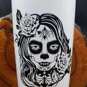 Sandblasted Sugar Skull Face on a 18.5 ounce insulated stainless steel tumbler