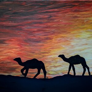 Cammelli al tramonto marocchino - Una stampa in edizione limitata dell'originale dipinto paesaggistico acrilico di Aimee Brankling