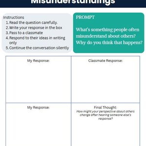 May include: A worksheet titled "Silent Conversations Misunderstandings" with instructions and prompts. The prompts ask about misunderstandings between people. The worksheet includes spaces for responses and final thoughts.