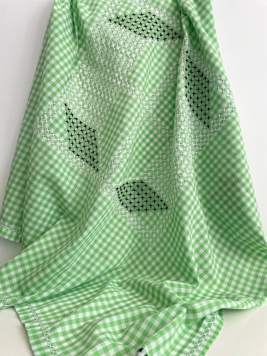 Vintage Tablecloth, Green Gingham, Handmade Tablecloth, Vintage Linens