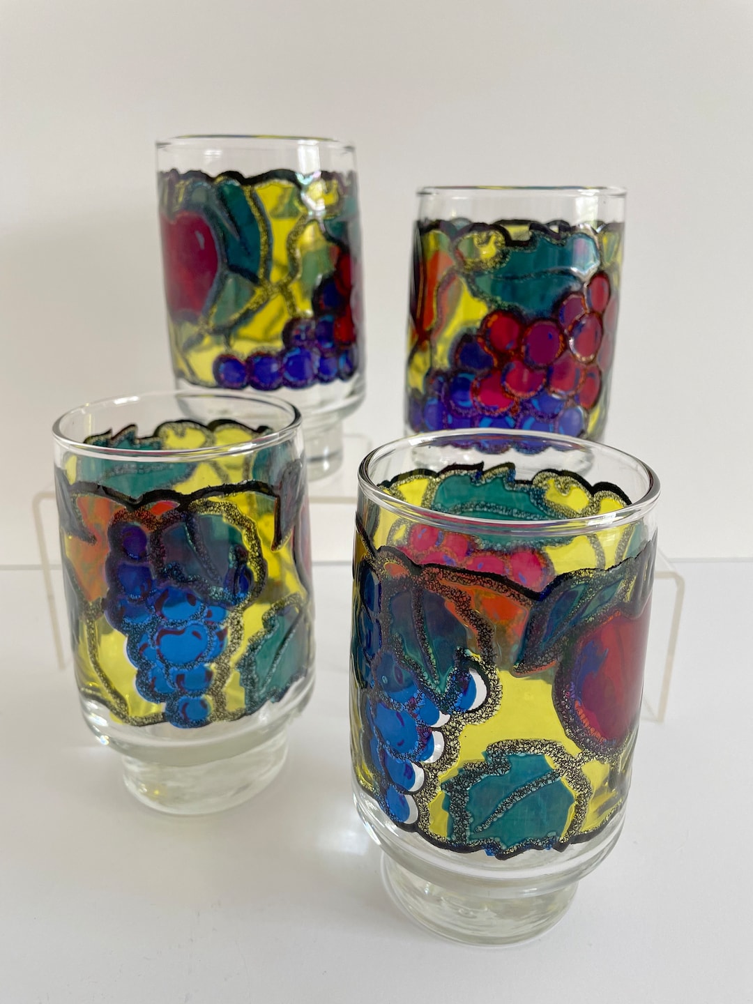 Vintage Libbey Glassware, Libbey Stained Glass Fruit Drinking Glasses