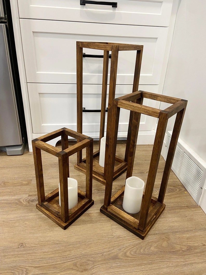 Set of 3 Wooden Candle Lanterns Centerpiece Wedding Table Provincial