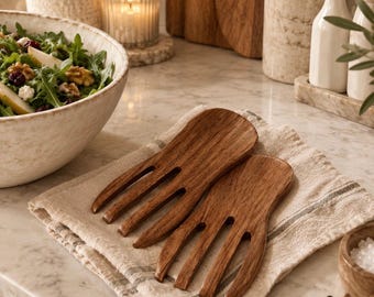 Set of Two Salad Hand Tong, Wooden Salad Mixing Serving Tongs, Wood Serving Hands, Kitchen Serving Hand Shape Tool