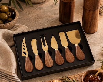 Stainless Steel Cheese Knives Set Fork Spreader Collection Walnut Handle Cheese Slicer | Cheese Knives Gold and Wooden Walnut Cheese Knifes