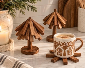 4pc Wooden Tree Art Coasters | Heat-Resistant Wood Stand | Anti-Scald Table Mats | Modern Kitchen Decor | Christmas Home & Living Gift Idea