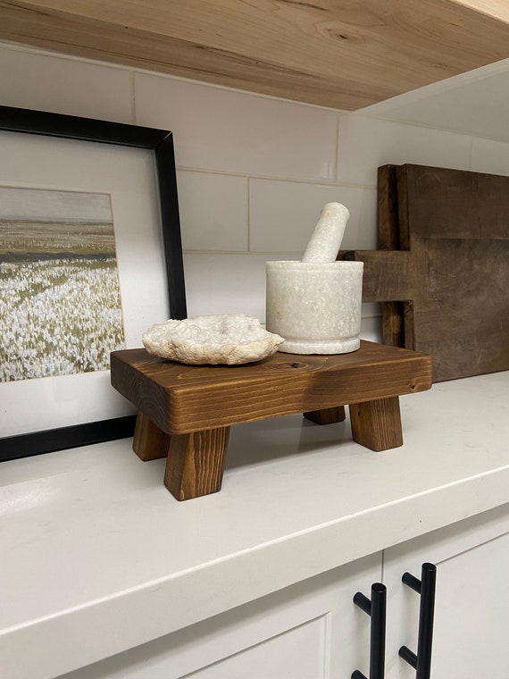 Wood Pedestal Stand, Farmhouse Wood Riser, Display Stool for Bathroom Kitchen Sink, Soap Tray, Candle Plant Tray, Counter Decor, Modern Rustic Soap