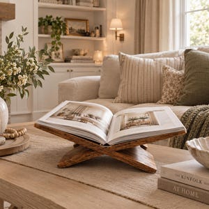 May include: A brown wooden book stand with an X-shaped base holding an open book. The stand features a natural wood grain texture and is positioned on a light-colored table surface alongside a stack of books and a decorative bowl.