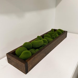 Könnte beinhalten: Ein langer, rechteckiger Holz-Pflanztopf mit einer dunkelbraunen Beize. Der Pflanztopf ist mit grünen Moos-Steinen gefüllt.