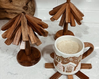 4pc Wooden Tree Art Coasters | Heat-Resistant Wood Stand | Anti-Scald Table Mats | Modern Kitchen Decor | Christmas Home & Living Gift Idea