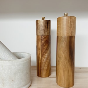 Handcrafted Wooden Salt and Pepper Grinders | Acacia Wood Salt & Pepper Grinder | Wood and Gold Salt and Pepper Mill | Solid wooden grinder