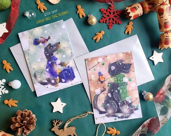 Pack of 2 Christmas Cards (With Silver Envelopes)- Dogs are Robins best friends (Dachshund and Rottiepoo)