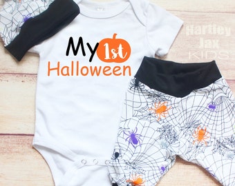 Baby Boys 1st Halloween Outfit / Baby Halloween Costume/ Pumpkin Bodysuit Spider Leggings + Hat Set / My First Halloween Boy / Toddler Shirt