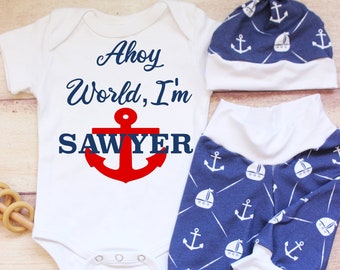 Nautical Newborn Outfit/ Baby Boy/ Personalized Coming Home/ Baby Boy Hat / Navy Blue Newborn Baby Gift / Anchor Baby Boy Outfit