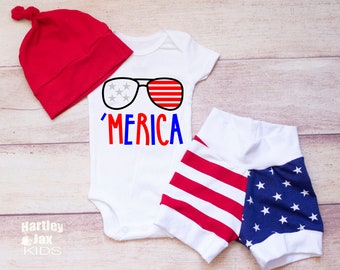 Hat and Red Bodysuit Baby Boys 4th Of July Outfit Summer Outfit Boy /'Merica Fourth Of July Baby Boy Shorts Red White And Blue Shorts