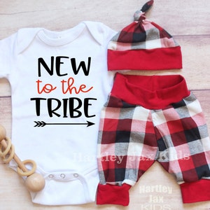 Baby Boy Newborn Take Home Outfit / Baby Boy Clothes / Red Black Plaid Pants + Hat / Coming Home Outfit / New To The Tribe / Lumberjack Baby