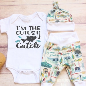Baby Boy Coming Home Outfit/ Daddy's Fishing Buddy/ Baby Boy/ Baby Fishing Outfit/ Bodysuit + Leggings+ Hat Set/ Baby Boy Summer Outfit