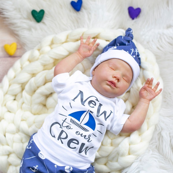 Nautical Baby Coming Home Outfit, New to The Crew, Newborn Boy Photo Outfit, Baby Boy, Baby Shower Gift, Navy Blue Sailboat Leggings + Hat