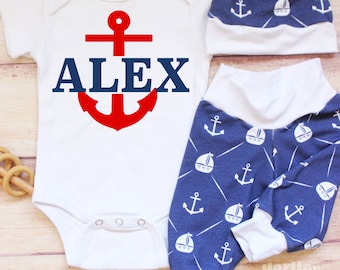 Personalized Nautical Boy Take Home Outfit/ Baby Boy/ Navy Blue Sailor Bodysuit/ Baby Boy Hat Set / Future Marine / Anchor Baby Boy Outfit