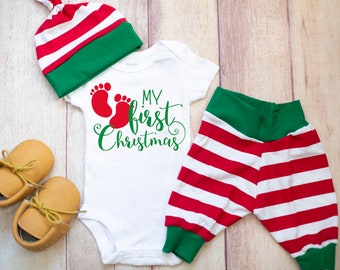 Baby Boy Christmas Outfit, First Christmas Holiday, Red Green Santa Leggings, Boys Shirt,  Bummies for Toddler Boys, Top Knot