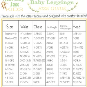 May include: Size chart for baby leggings, showing measurements in inches and centimeters for waist, chest, total height, inseam, and head circumference for sizes ranging from preemie to 5-6 years.