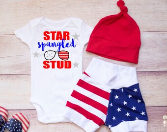 Baby Boys 1st 4th of July Outfit, Star Spangled Stud, Top knot+ Bodysuit, Patriotic Firecracker Shorts, Red White Blue, Newborn Boy Clothes