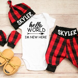 Baby Boy Coming Home Personalized, Hello World Newborn Outfit Boy, Buffalo Red Black Plaid, Hospital Outfit, Baby Boy Outfit, Preemie Baby