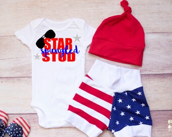 Baby Boys 1st 4th of July Outfit, Star Spangled Stud, Top knot+ Bodysuit, Patriotic Firecracker Shorts, Red White Blue, Newborn Boy Clothes