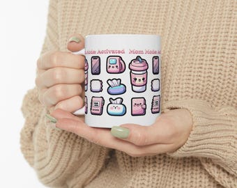 Taza con iconos de Kawaii Mom Mode / Taza de cerámica con artículos esenciales para mamás lindas