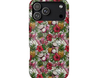 Coque de téléphone à motif floral tropical, noix de coco et ananas, résistante aux chocs grâce à sa structure magnétique.