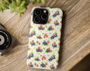 Coque de téléphone à motif de baies | Fraises et myrtilles | Motif floral | Magnétique | Résistante aux chocs