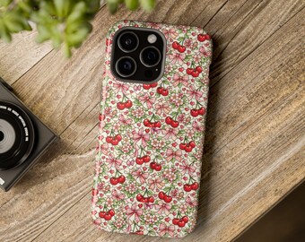 Étui de téléphone à motif floral cerise | Étui magnétique résistant aux chocs