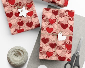 Red Heart Pattern Gift Wrap Paper | Valentine Wrapping Sheets