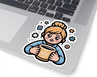 Pegatina troquelada con diseño de mamá acogedora sosteniendo una taza de café / Bonita pegatina de café
