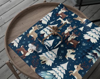 May include: A wrapped gift with a brown bow sits on blue wrapping paper decorated with white trees, snowflakes, and cartoon deer. Scissors and ribbon are also on the wrapping paper. The scene is set on a wooden table, perfect for holiday gift-giving.