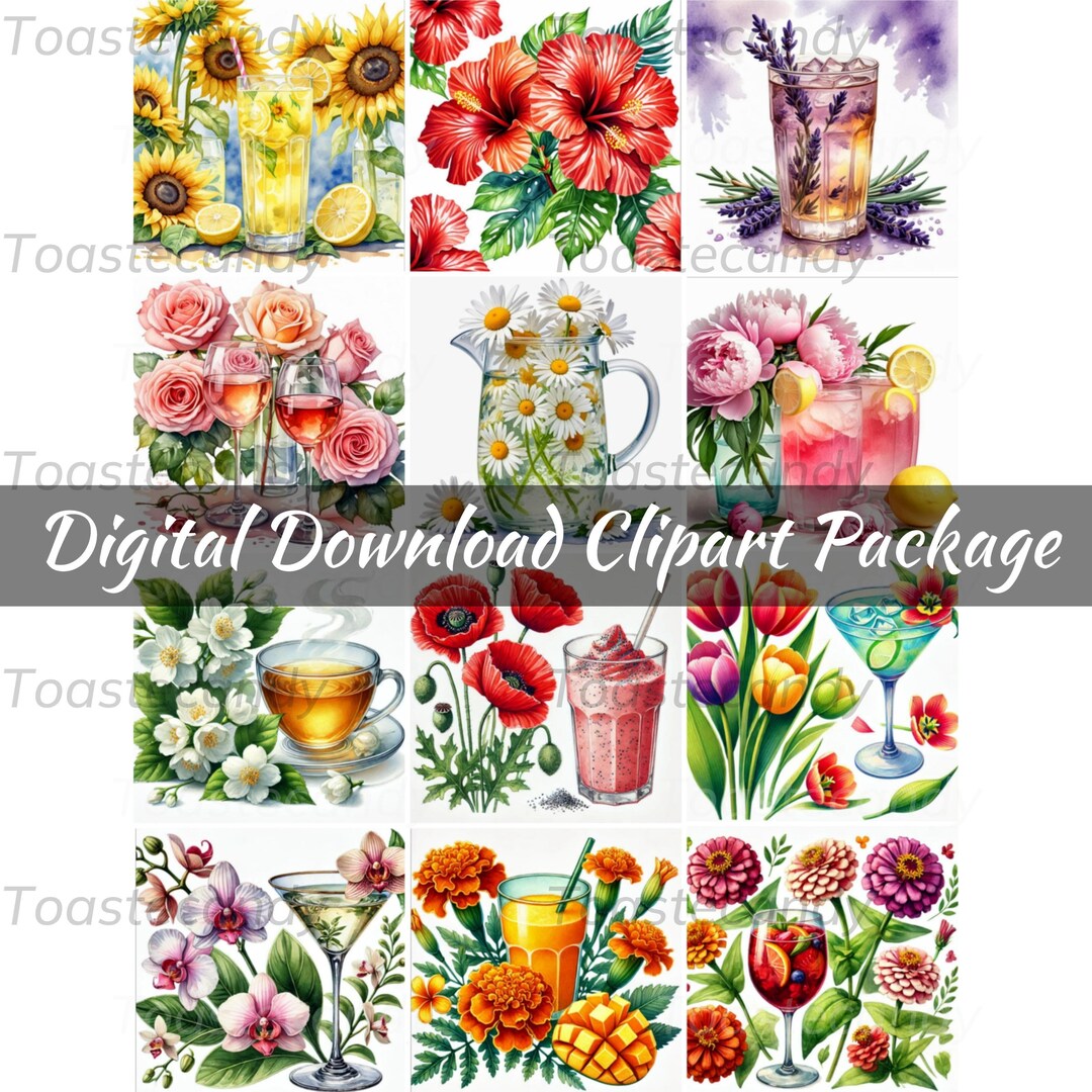 Vibrant Floral Beverage Clip Art Collection - Botanical Watercolor ...