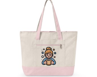 Bolso de lona con cremallera y una acogedora mujer sosteniendo una taza / Linda ilustración de chocolate caliente