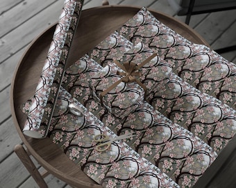 Cadeaupapier met kersenbloesemmotief | Cadeaupapierrol met bloemenmotief en imitatie glas-in-loodreflectie