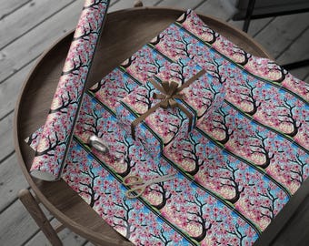 Cherry Blossom Tree Wrapping Paper | Floral Pattern, Pink Blue Sakura