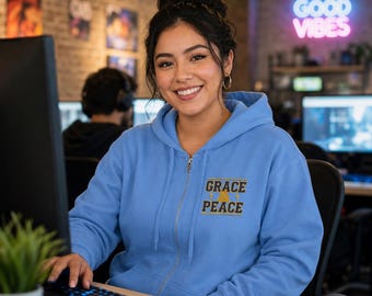 Grace & Peace script chest print Hoodie | Christian faith typography, white zip-up sweatshirt