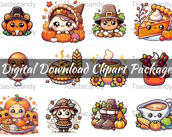 May include: Digital download clipart package featuring cute cartoon illustrations of pumpkins, pie, coffee, and other Thanksgiving-themed elements. The text "Digital Download Clipart Package" is displayed across the center of the image.
