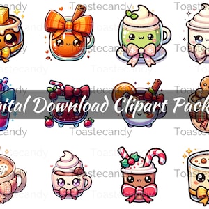 May include: Digital download clipart package featuring various cartoon beverages, including coffee, tea, and cocktails. Each drink has a cute face and is decorated with bows, cinnamon sticks, and other festive elements. The text "Digital Download Clipart Package" is overlaid.