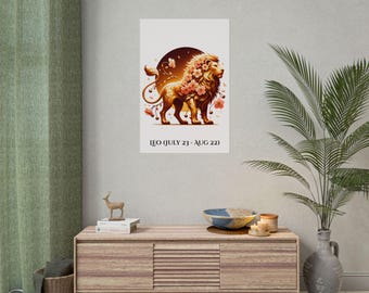 Poster, Löwe Golden Cherry Lion Art, Sternzeichen-Wand-Dekor, Kirschblüte Löwe Kunstdruck, Löwe Kunstdruck, Löwe Poster