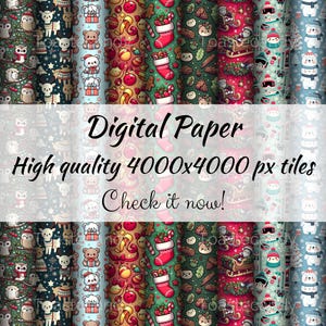 Paquet de papier numérique de Noël Kawaii - Motifs fantaisistes de hiboux pour emballage cadeau festif, travaux manuels et décoration des fêtes