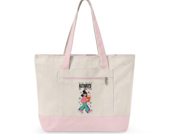Bolso de lona con cremallera y estampado de una mamá de dibujos animados sosteniendo un corazón / Lindo personaje con detalles florales Modo mamá: activado