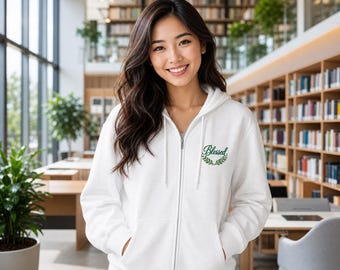 Blessed Laurel Wreath Zip Hoodie | Small Chest Script Logo