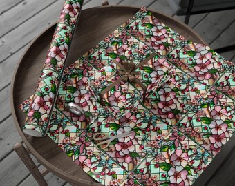 Stained Glass Floral Wrapping Paper | Floral Gift Wrap Roll, Pink Green Blossom Pattern