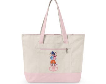 Chica de anime pixelada en consola rosa, bolso de lona con cremallera / Arte pixelado para videojuegos / Modo mamá