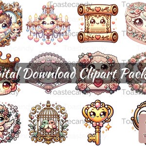 May include: Digital download clipart package featuring various cute illustrations. Includes a heart-shaped box, a chandelier, a scroll, a crown, a fan, a key, a birdcage, a cherub, and a mirror. The illustrations are in pastel colors.