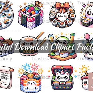 Kawaii sushi nouvel an clipart festif sur le thème japonais téléchargements numériques pour 2024 - dessins de sushis mignons pour les célébrations